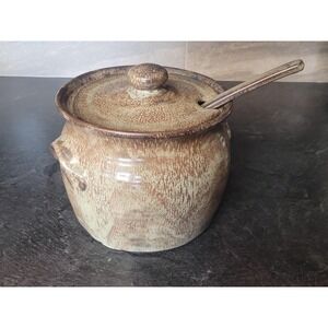 Vintage Studio Pottery Lidded Bean Pot Crock wi Matching Ladle Salt Glaze Brown